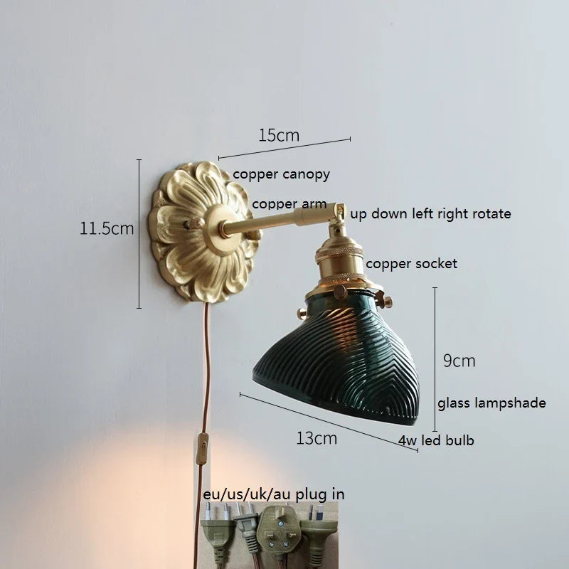 Helnys LED Wall Sconce Switch Wood Bedroom Living Room Copper Arm Wall Light