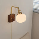 Helnys Globe Ceramic LED Wall Light Walnut Wood Sconce with Pull Chain Switch