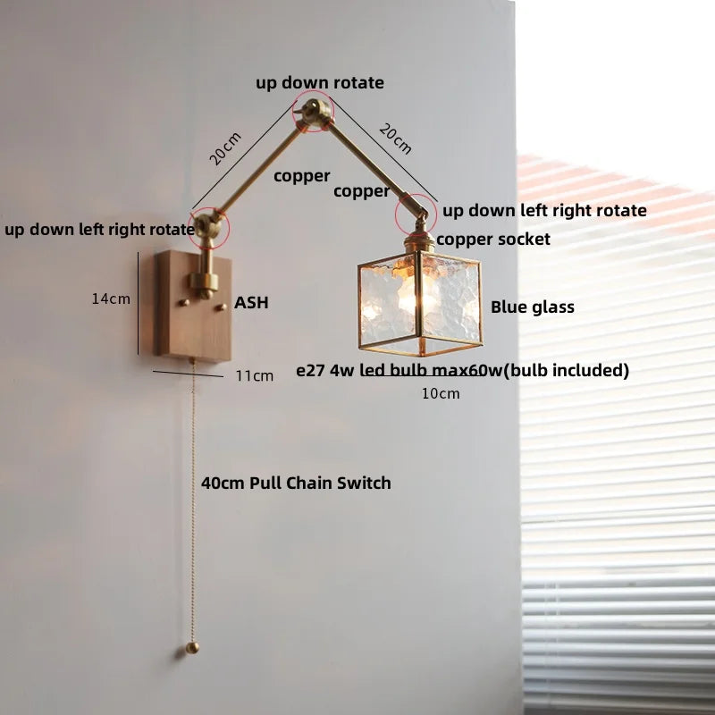 Helnys Ash Wood Swing Arm Wall Lights with Blue Glass Shade