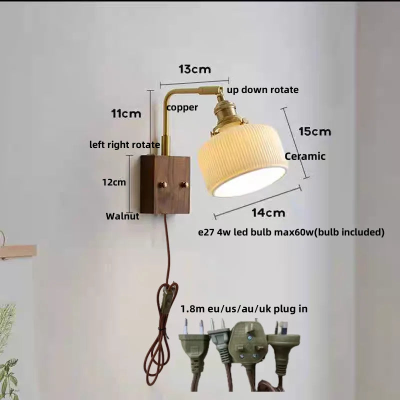 Helnys LED Wall Light Fixture Walnut Wood Copper Bedside Lamp Rotation Dining Room
