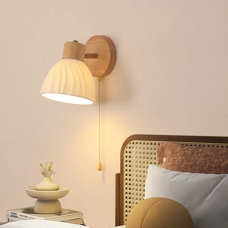 Helnys Japanese Style LED Wall Light Fixture Ceramic Wood Bedside Lamp