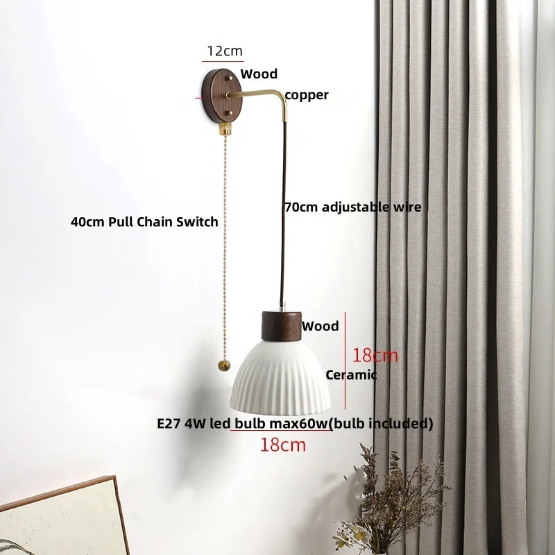 Helnys Modern White Ceramic LED Wall Lamp with Pull Chain Switch