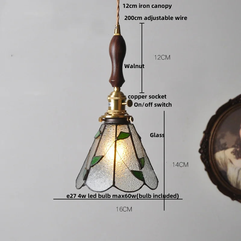 Helnys Amber Glass LED Pendant Light Fixture with Walnut Wood Bar and Adjustable Wire