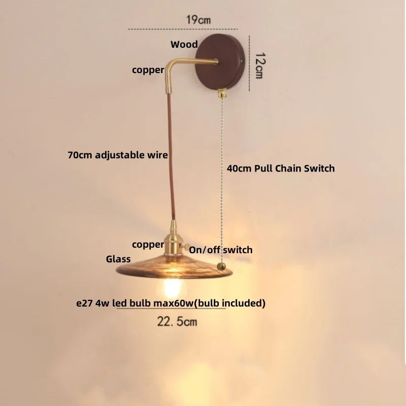 Helnys Walnut Wood LED Wall Light Fixture Glass Pull Chain Switch
