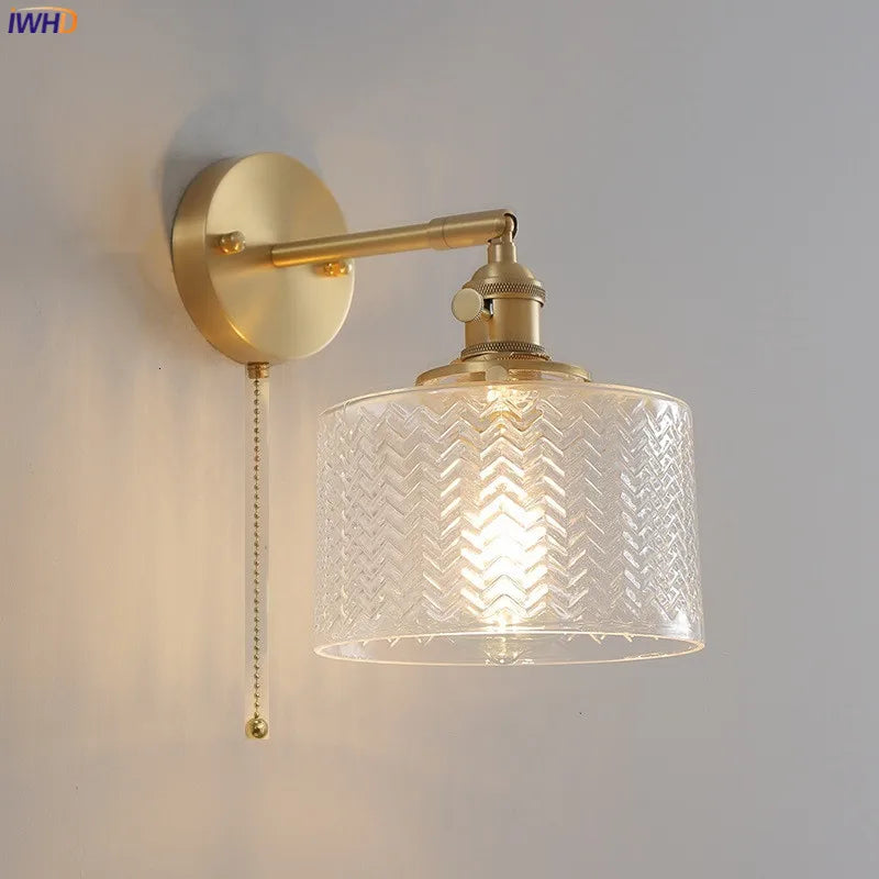 Helnys Green Glass LED Wall Light with Pull Chain Switch - Nordic Modern Design