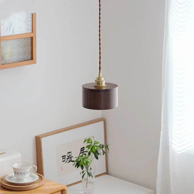Helnys Nordic Modern Ash Walnut Wood Copper LED Pendant Lights for Home Indoor Decor