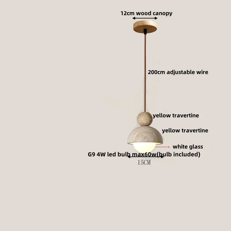 Helnys Yellow Travertine LED Pendant Lamp Natural Wood Hanging Lights