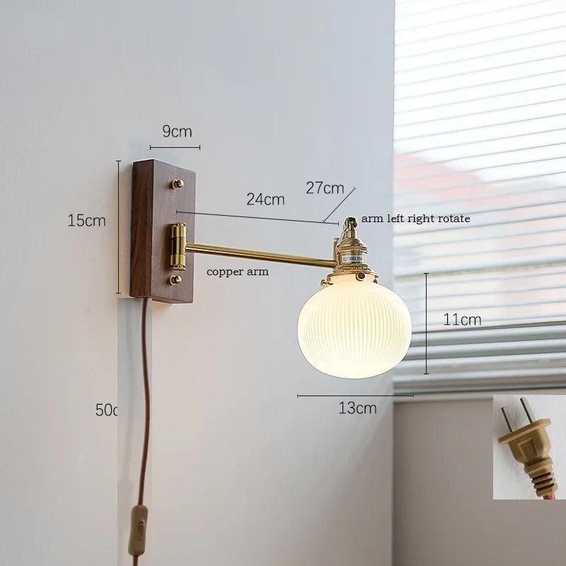 Helnys Ash Wood Canopy LED Wall Sconce Pull Chain Switch Rotate Bedroom Lamp