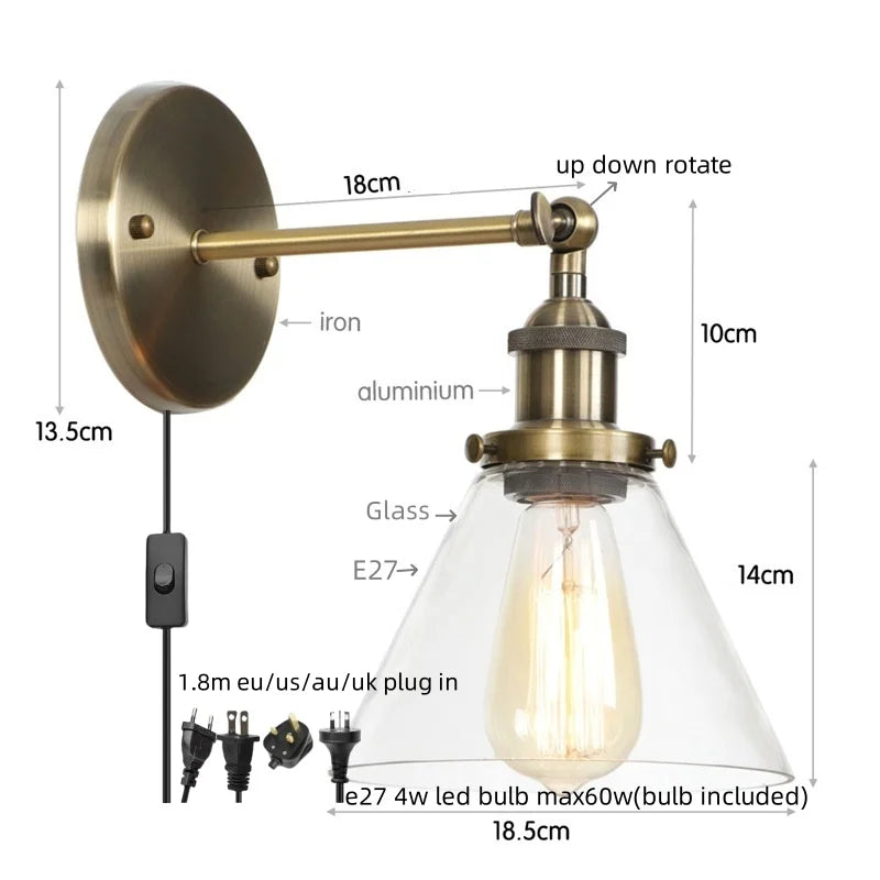 Helnys Clear Glass Iron LED Wall Lamps Stair Light Fixtures Rustic Industrial Vintage
