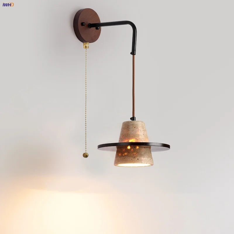 Helnys LED Wall Lights Nordic Modern Pull Chain Switch Yellow Travertine Stone Bedside Lamp