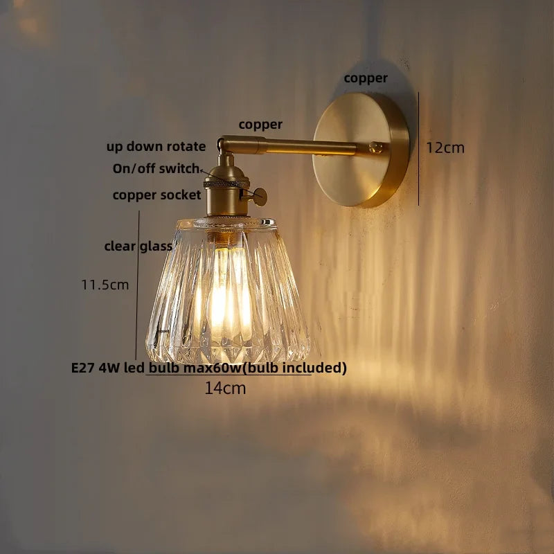 Helnys Nordic LED Wall Light | Modern Copper Bedside Lamp with Clear Glass Rotation