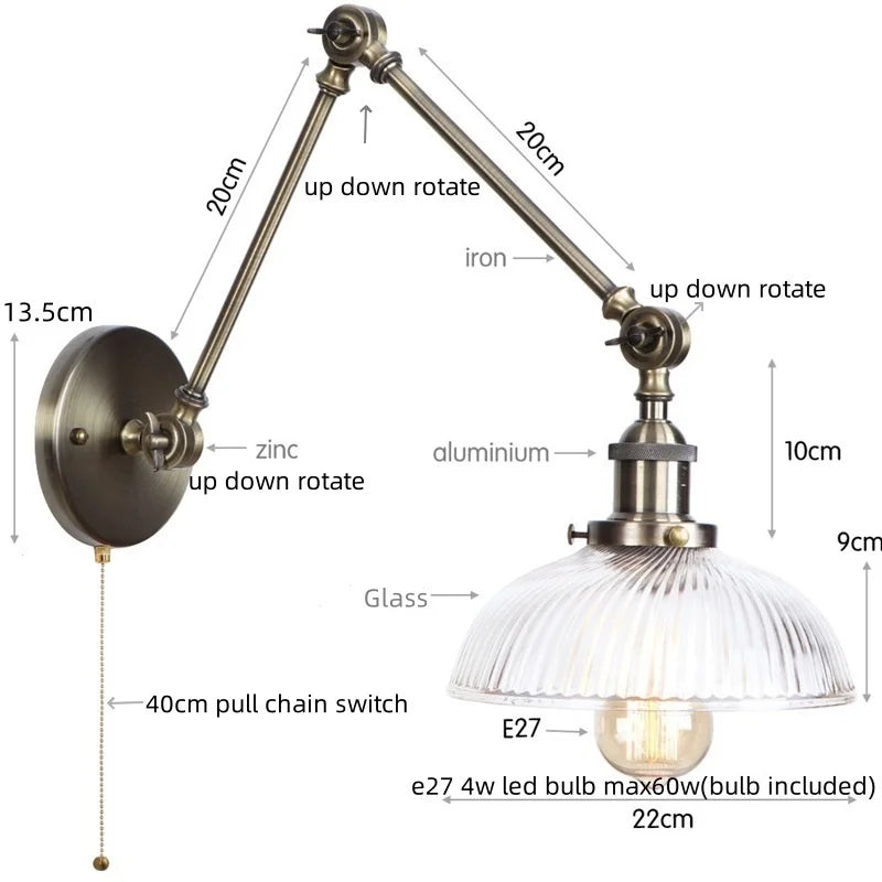 Helnys Vintage Clear Glass LED Wall Lamp with Pull Chain Switch