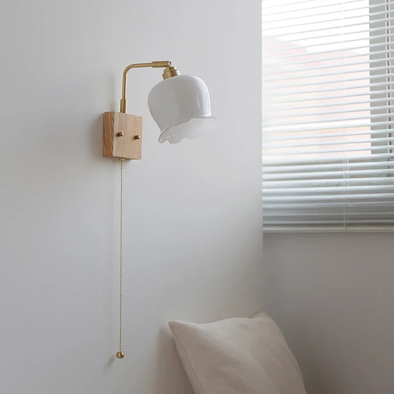 Helnys Nordic Decor LED Wall Sconce Gold Brass White Glass Pull Chain Bedroom Bedside Lamp
