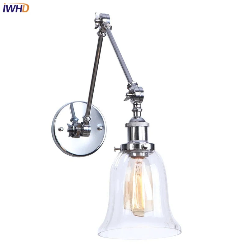 Helnys Chrome Industrial Swing Arm LED Wall Sconce Clear Glass Lamparas De Pared