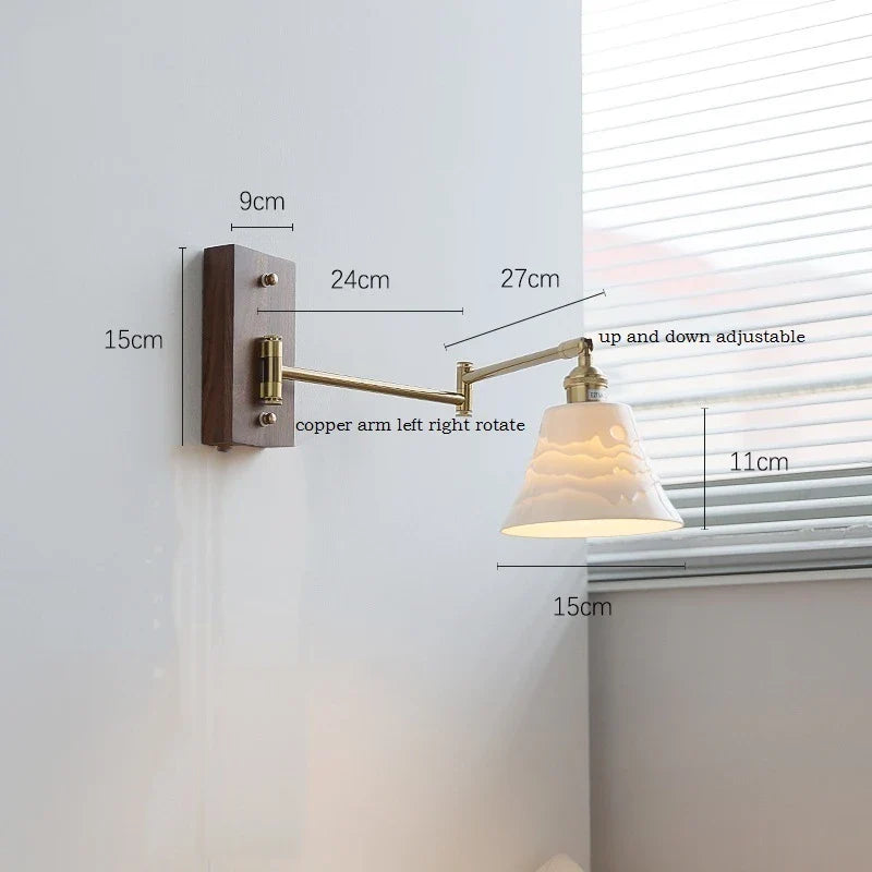 Helnys Ash Wood Canopy LED Wall Sconce Pull Chain Switch Rotate Bedroom Lamp