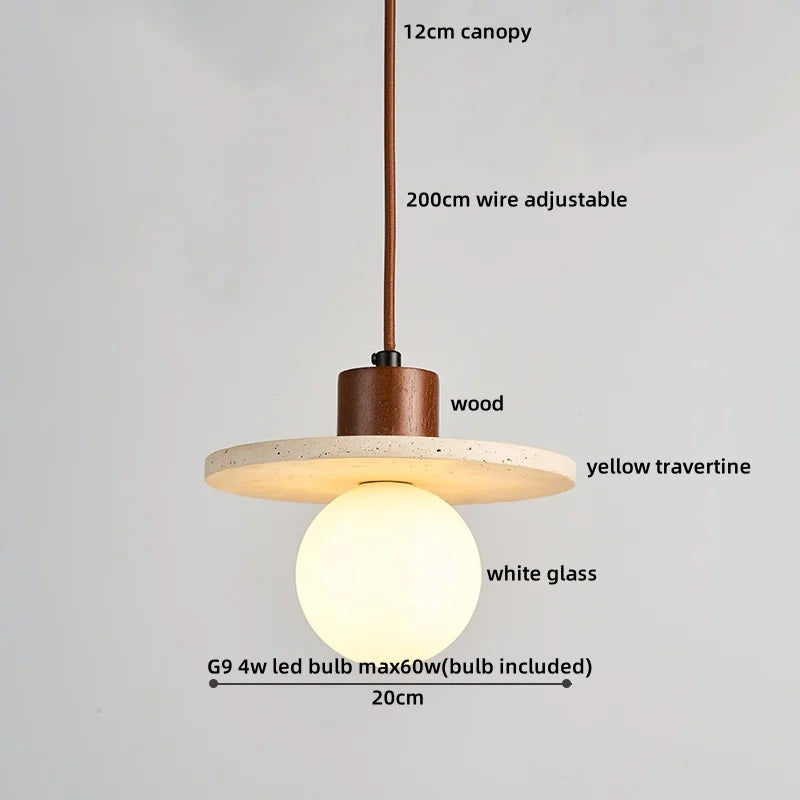 Helnys Yellow Travertine LED Pendant Lights Fixture Glass Stone Wood Nordic Hanging Lamp