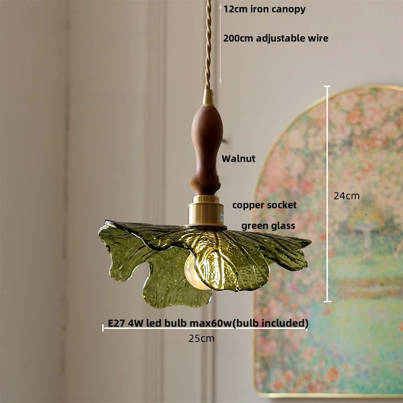 Helnys Green Glass LED Pendant Light with Copper Socket, Modern Nordic Design