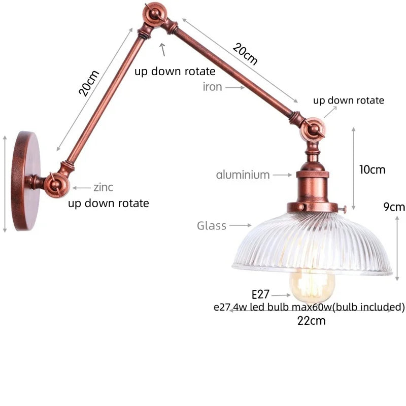 Helnys Vintage Swing Arm Wall Lights with Pull Chain Switch and Glass Ball