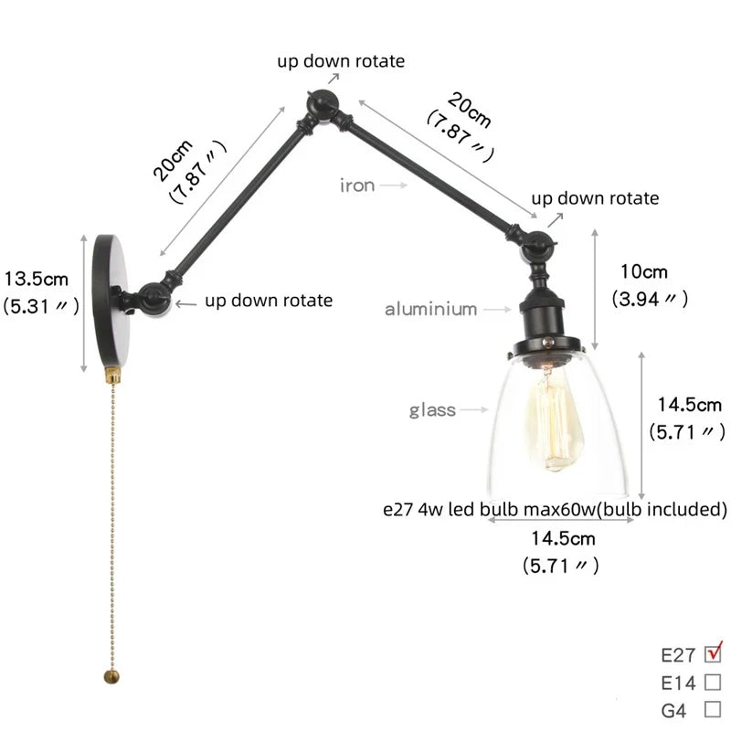 Helnys Vintage Industrial LED Wall Lamp with Pull Chain Switch and Clear Glass