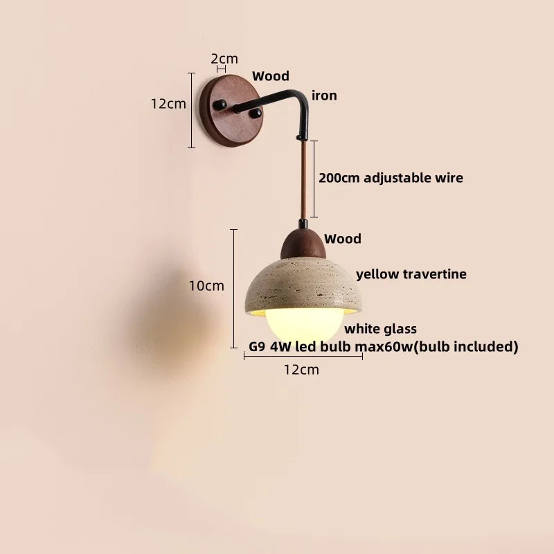 Helnys LED Wall Lights Nordic Modern Pull Chain Switch Yellow Travertine Stone Bedside Lamp