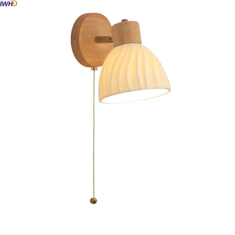 Helnys Japanese Style LED Wall Light Fixture Ceramic Wood Bedside Lamp