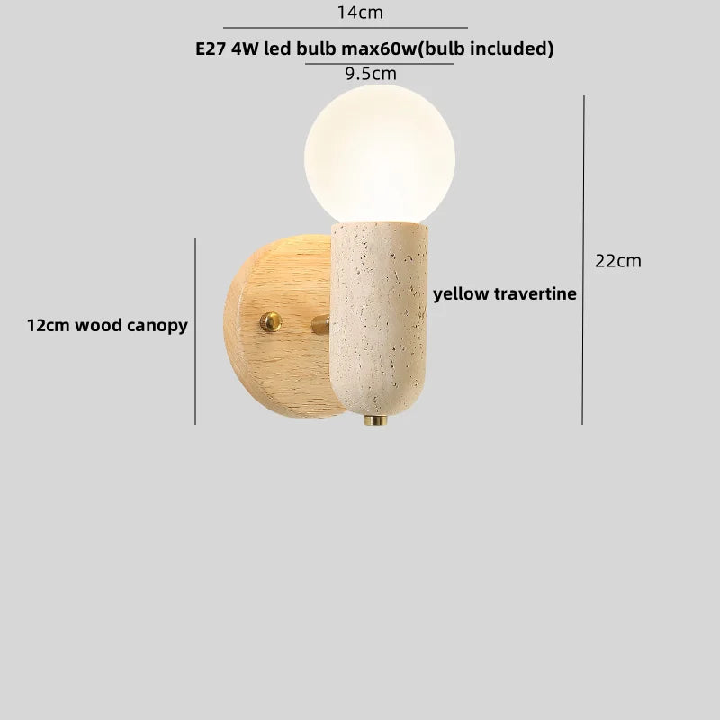 Helnys LED Wall Light Fixture Modern Nordic Design 2 Yellow Travertine Stone Wood Bedside Lamp