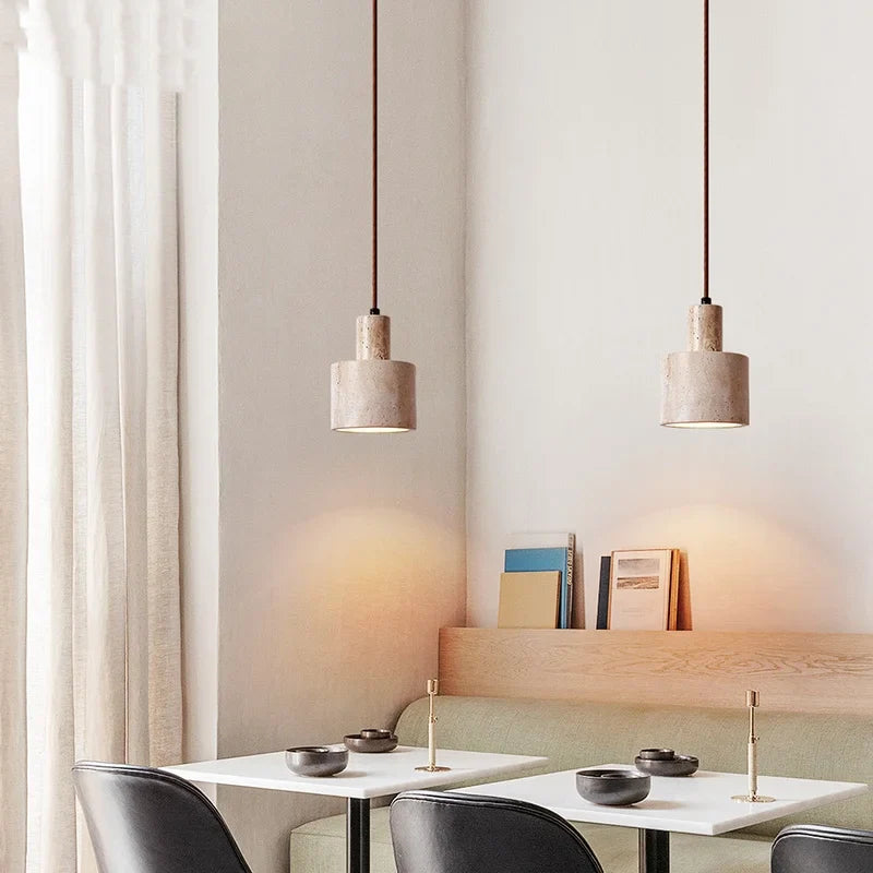 Helnys Nordic Stone Pendant Light Fixture - Yellow Travertine Bamboo Accent