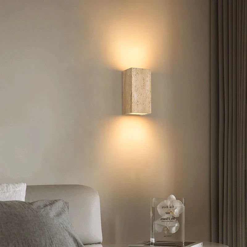 Helnys Nordic LED Wall Light COB Travertine Bedside Lamp - Yellow Square