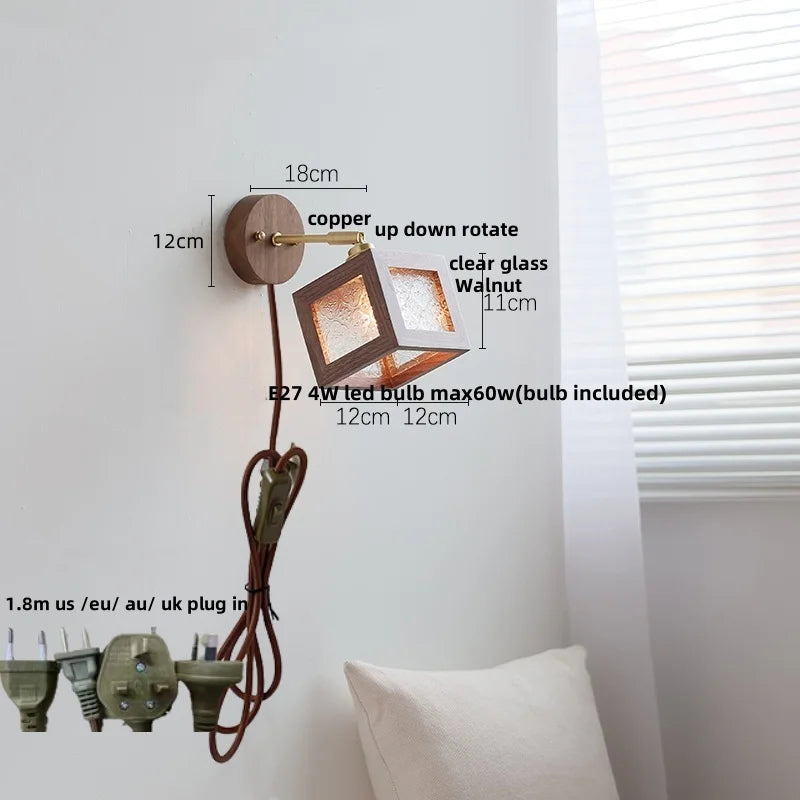 Helnys Walnut Wood LED Wall Light with Clear Glass Sconce & Pull Chain Switch