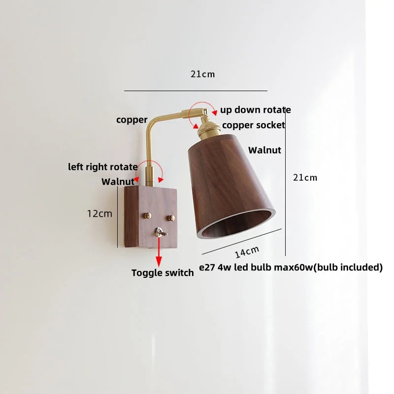 Helnys Walnut Wood LED Wall Sconce Vintage Copper Toggle Switch Lamparas