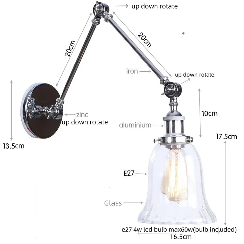 Helnys Retro Loft LED Wall Lights Pull Chain Switch Chrome Clear Glass Vintage Fixture