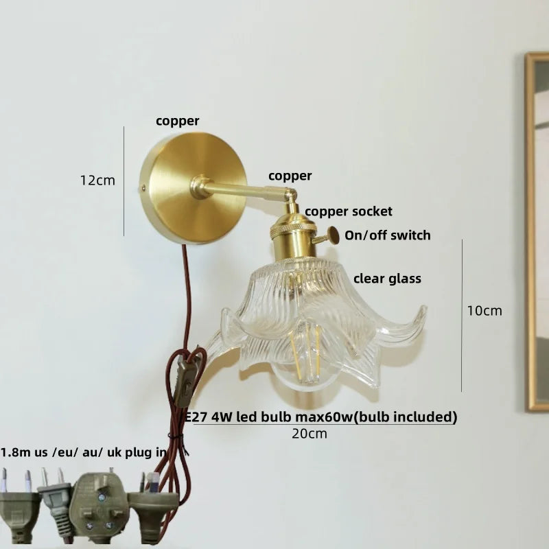 Helnys Flower Glass LED Wall Lamp with Pull Chain Switch - Copper Wall Light Fixtures