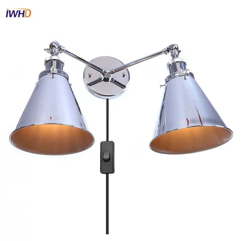 Helnys Loft Plug LED Wall Lamps 2 Heads Industrial Silver Vintage Lighting