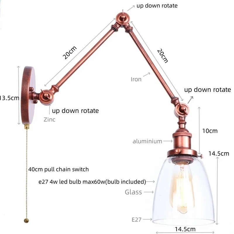 Helnys Vintage Swing Arm Wall Lights with Pull Chain Switch and Glass Ball