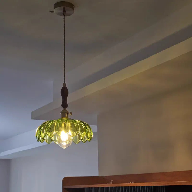Helnys Walnut Wood LED Glass Pendant Light Fixture Adjustable Modern Hanging Lamp