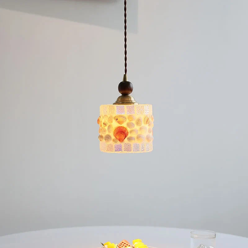 Helnys Nordic Glass LED Pendant Light Walnut Wood Adjustable Hanging Lamp