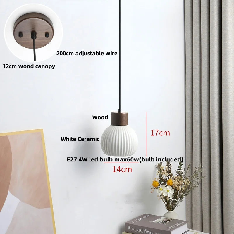 Helnys Glass LED Pendant Light Japan Style Wood Hanging Lamp