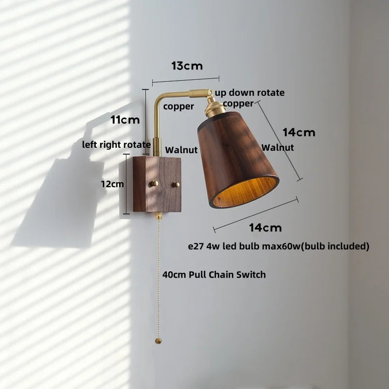 Helnys Walnut Wood LED Wall Sconce with Pull Chain Switch