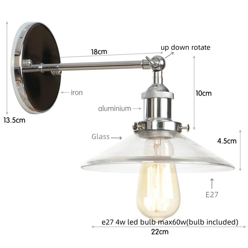 Helnys Vintage Industrial LED Wall Lamp Clear Glass Gold Bedside Light