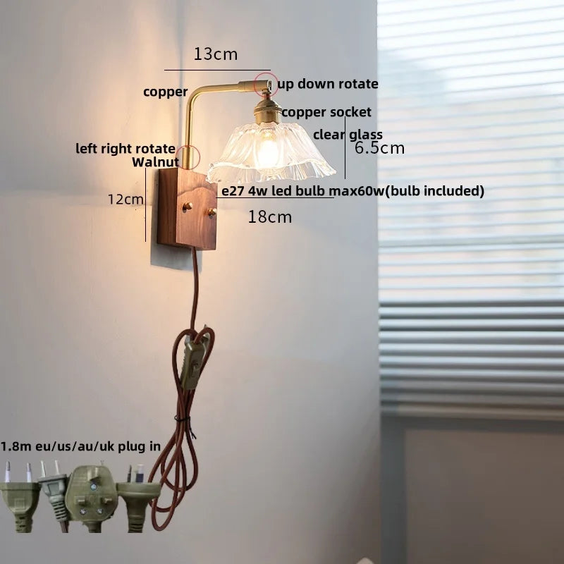 Helnys Nordic LED Wall Light Walnut Copper Clear Glass Sconce