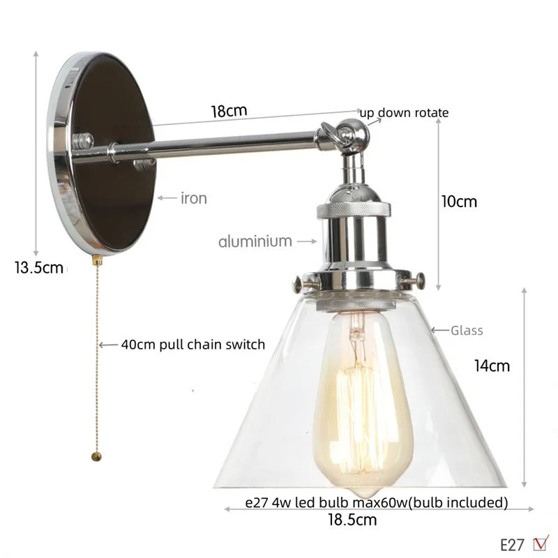 Helnys Clear Glass Iron LED Wall Lamps Stair Light Fixtures Rustic Industrial Vintage