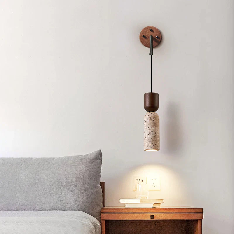 Helnys Adjustable LED Wall Lamp Pull Chain Switch Wood Nordic Modern Yellow Travertine