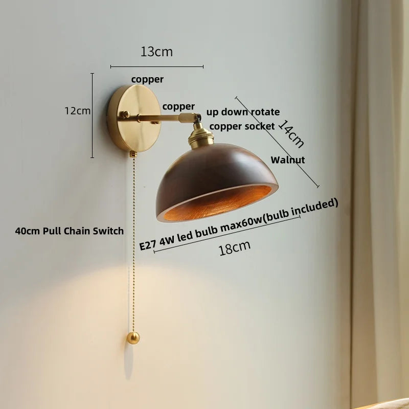 Helnys Nordic Ash Wood LED Wall Lights Rotate Pull Chain Switch