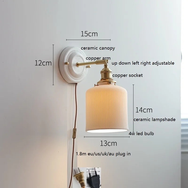 Helnys Modern LED Wall Lamp Ceramic Canopy Copper Arm Socket Indoor Light