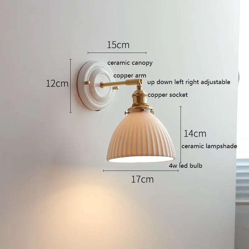 Helnys Ceramic LED Wall Sconce - Copper Arm, Adjustable Pull Chain Switch
