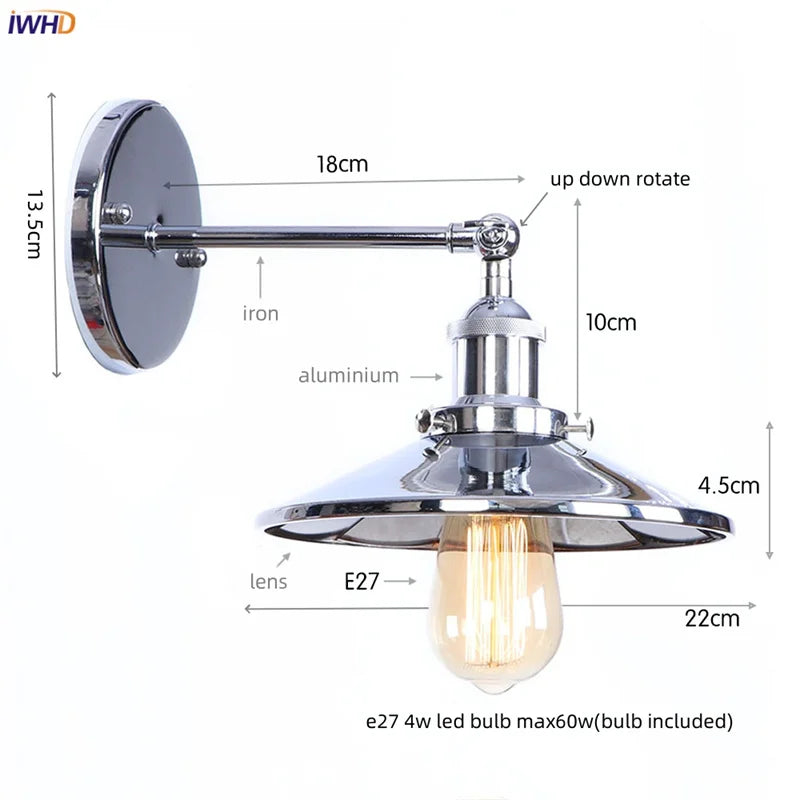 Helnys Loft LED Wall Lamp With Gold Pull Chain Switch - Industrial Vintage Design