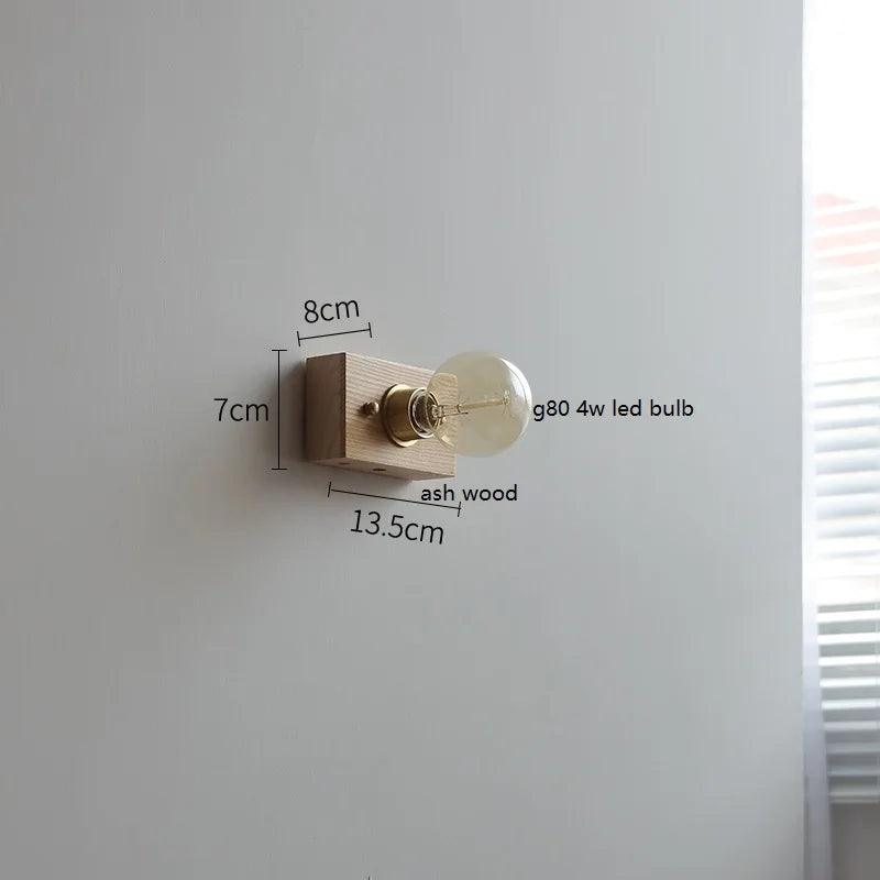 Helnys Vintage LED Wall Lamp with Pull Chain Switch, Walnut Ash Wood & Copper.