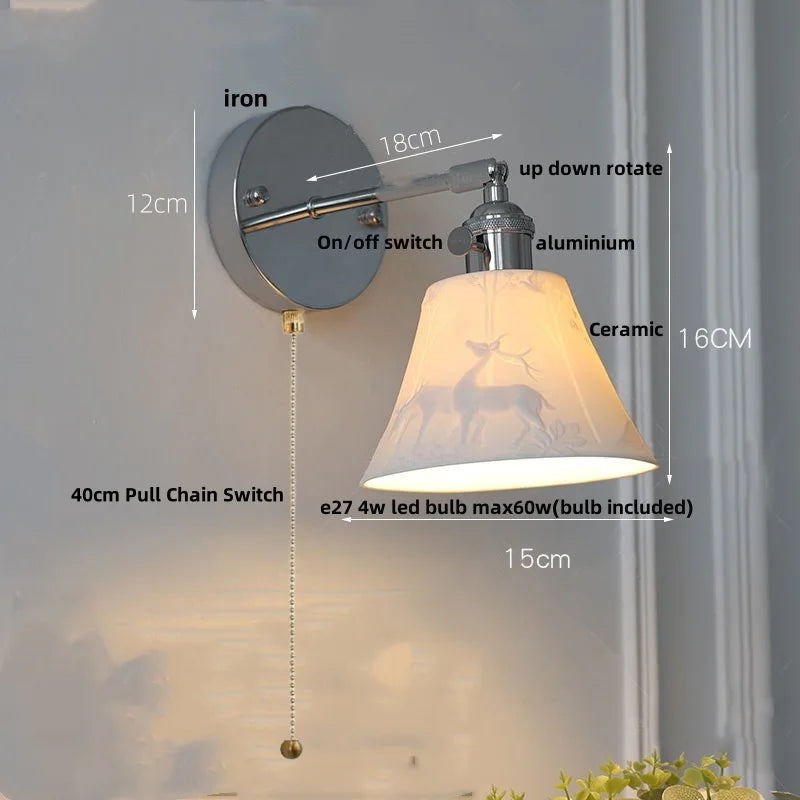 Helnys Modern Iron Ceramic LED Wall Lights with Pull Chain Switch
