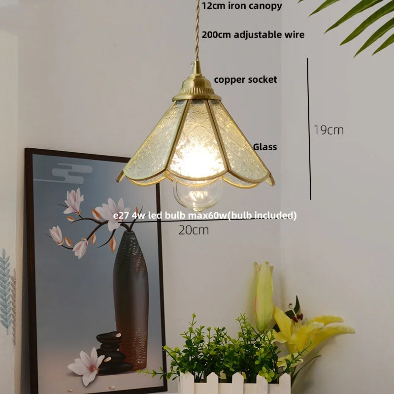 Helnys Vintage Copper Wire Glass Pendant Lamp Adjustable LED Fixture
