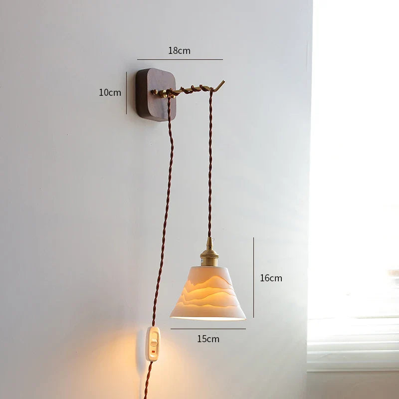 Helnys Modern LED Wall Sconce with Ceramic Lampshade & Wooden Base
